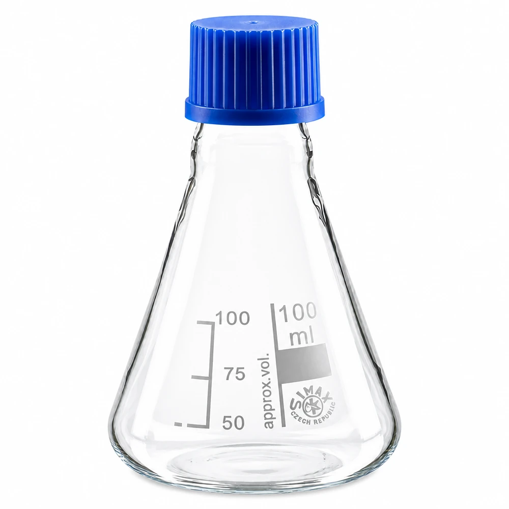 Transparenter Glaskolben 100ml mit Volumenmarkierung und blauem Deckel für genaue Dosierung