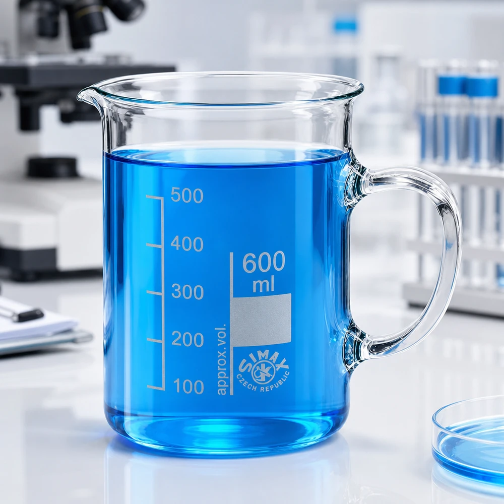 Klares Borosilikat Messbecherglas 600ml mit Henkel neben Petrischale und Mikroskop
