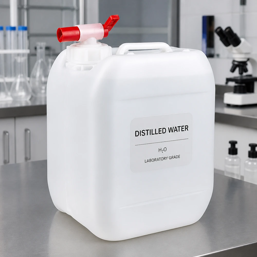 Kanister 5 Liter mit Auslaufhahn Robuster Kanister 5 Liter mit seitlichem Auslaufhahn vor Mikroskop im Laborumfeld