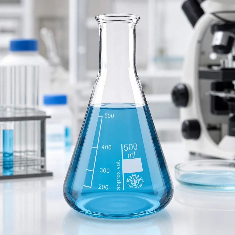 Konischer Glaskolben 500ml mit engem Hals und azurblauer Testlösung auf weißer Laboroberfläche