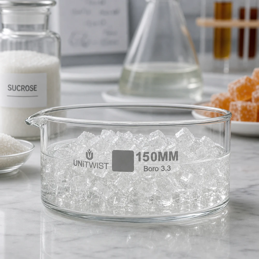 Kristallisierschale ø150mm Borosilikatglas UNiTWIST Breite Glasschale ø150mm UNiTWIST mit Kristallen Marmortisch Sucrose Laborumgebung Borosilikat