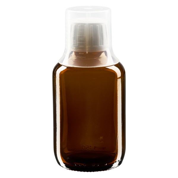 150ml Medizinflasche braun, Verschluss Originalitätsverschluss mit Dosierbecher 30ml ApoGlas 150ml Medizinflasche braun, Verschluss Originalitätsverschluss mit Dosierbecher 30ml ApoGlas