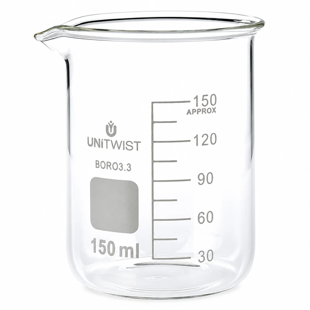 Becherglas 150ml Borosilikat, niedrige Form UNiTWIST Becherglas niedrige Form 150ml UNiTwist Borosilikatglas mit Beschriftungsfeld und Skala