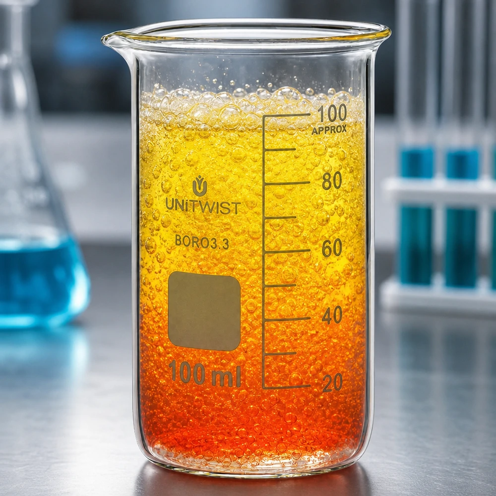Becherglas hohe Form 100ml UNITWIST Boro3.3 mit brodelndem Inhalt und Skala bis 100ml