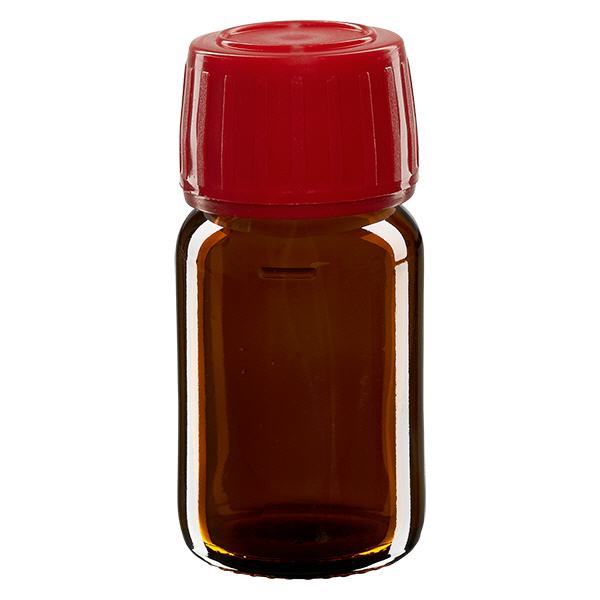 30ml Medizinflasche braun, Verschluss rot mit Originalitätsring ApoGlas 30ml Medizinflasche braun, Verschluss rot mit Originalitätsring ApoGlas