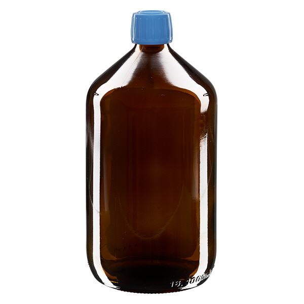 1000ml Medizinflasche braun, Verschluss blau mit Originalitätsring ApoGlas 1000ml Medizinflasche braun, Verschluss blau mit Originalitätsring ApoGlas