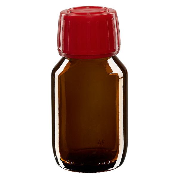 50ml Medizinflasche braun, Verschluss rot mit Originalitätsring ApoGlas 50ml Medizinflasche braun, Verschluss rot mit Originalitätsring ApoGlas
