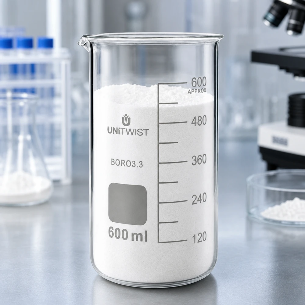 Becherglas 600ml Borosilikat, hohe Form UNiTWIST Transparentes Becherglas 600ml UNITWIST hohe Form mit weißem Feststoff bis zur 600ml Marke