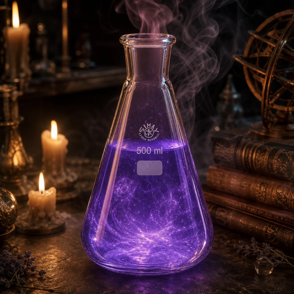 Erlenmeyerkolben 500ml mit Normschliff (29/32) Atmosphärische Laborszene mit glühendem Erlenmeyerkolben und alchemistischer Stimmung