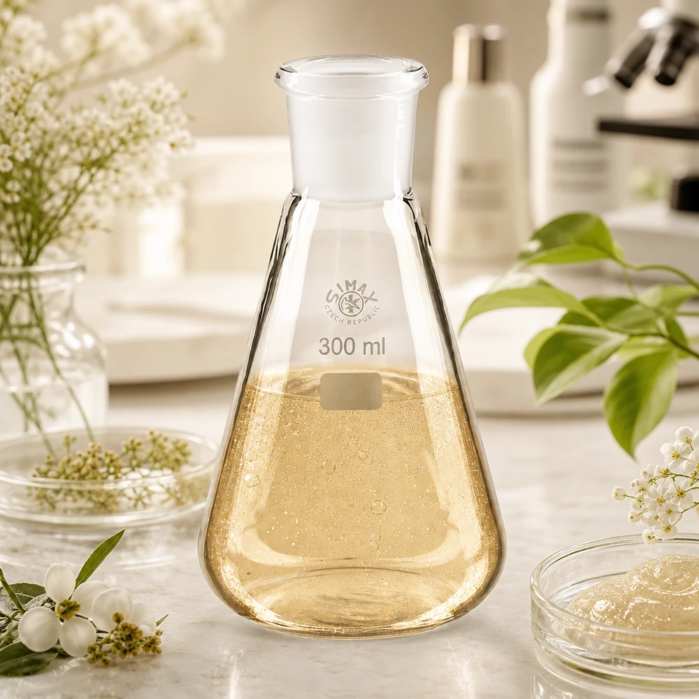 Erlenmeyerkolben 300ml mit Normschliff (29/32) Erlenmeyerkolben 300ml mit gelblicher Testlösung und Normschliff 29/32 für analytische Chemie
