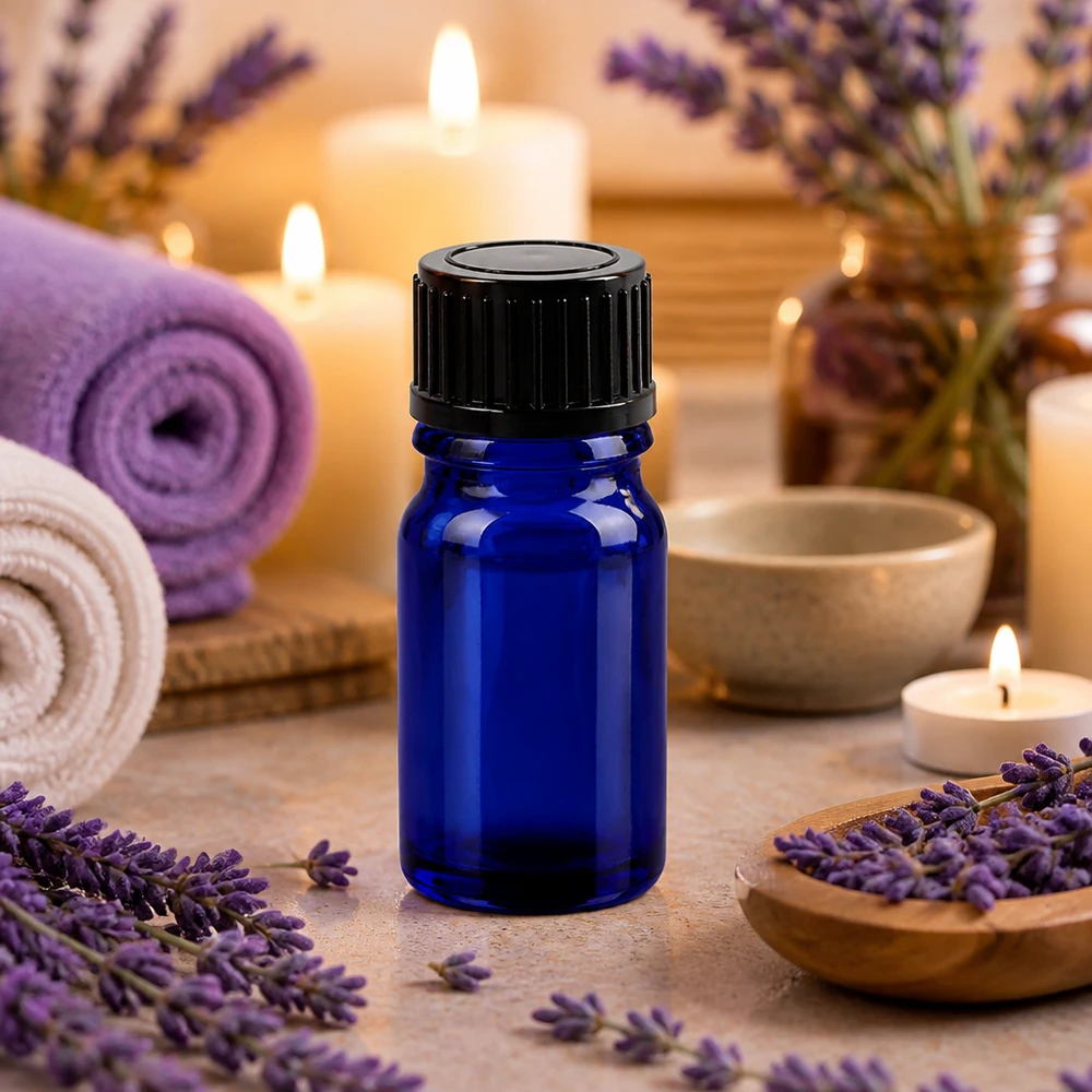 Stilvolle 5ml Blauglasflasche mit ergonomischem Design und tropffreiem Ausgießer für Wellness