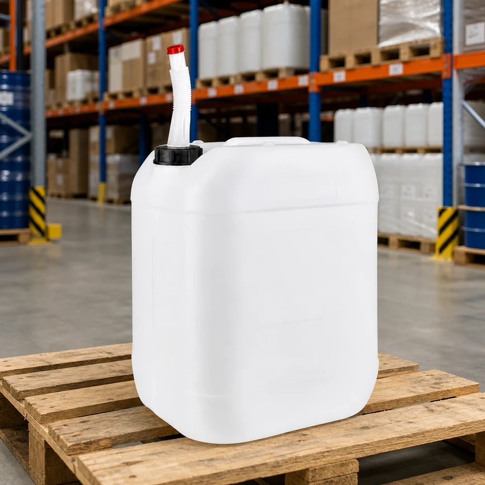 Industriekanister 20 Liter mit abnehmbarem Auslaufrohr auf Europalette gelagert