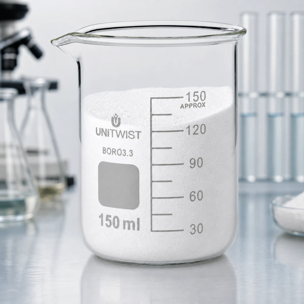 Laborglas UNiTwist 150ml niedrige Form Borosilikat 3.3 mit Pulverfüllung und Skalierung