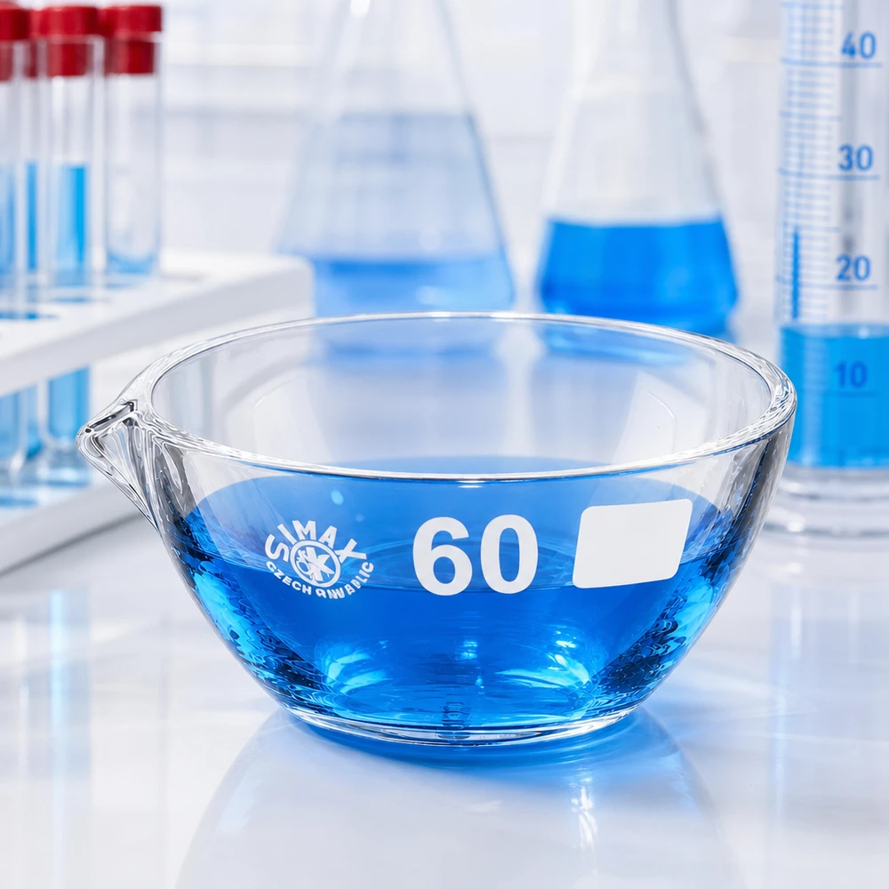 45ml Abdampfschale mit Ausguss Borosilikat ø60mm Wissenschaftliche Abdampfschale 45ml aus temperaturstabilem Borosilikat ø60mm mit Ausguss