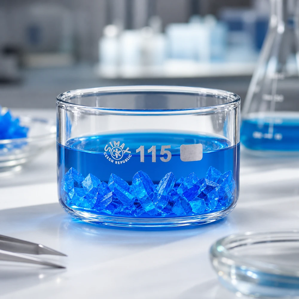 Niedrige Glasschale ohne Ausguss 115mm mit Kristallisationsversuch in blauer Kupfersulfatlösung