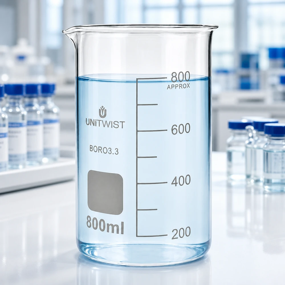 Laborbedarf UNITWIST Becherglas 800ml hohe Form Borosilikat neben Laborflaschen auf Arbeitstisch