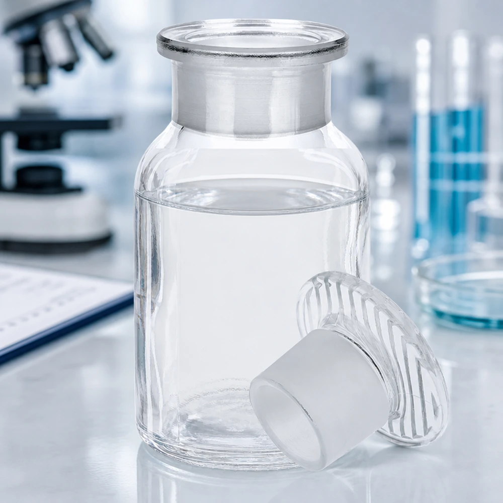 Chemikalienflasche 100ml Rundschulter Weithals mit hochwertigem Glasschliffstopfen klar