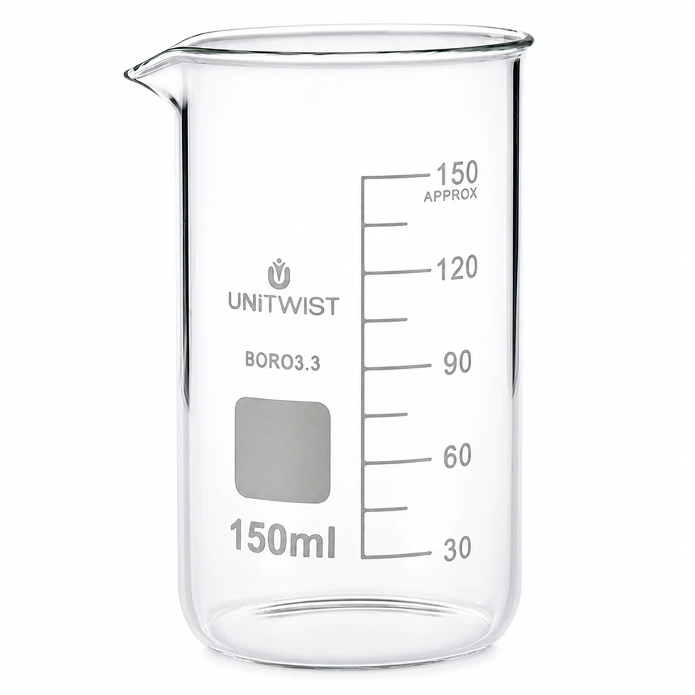 Messbecherglas 150ml hohe Form UNITWIST Borosilikat mit weißer Skala und Ausgießer
