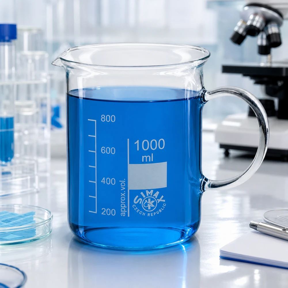 Becherglas 1000ml Borosilikatglas, mit Henkel Großes Laborbecherglas 1 Liter mit Henkel Ausguss und eingeätzter Messskala aus Glas