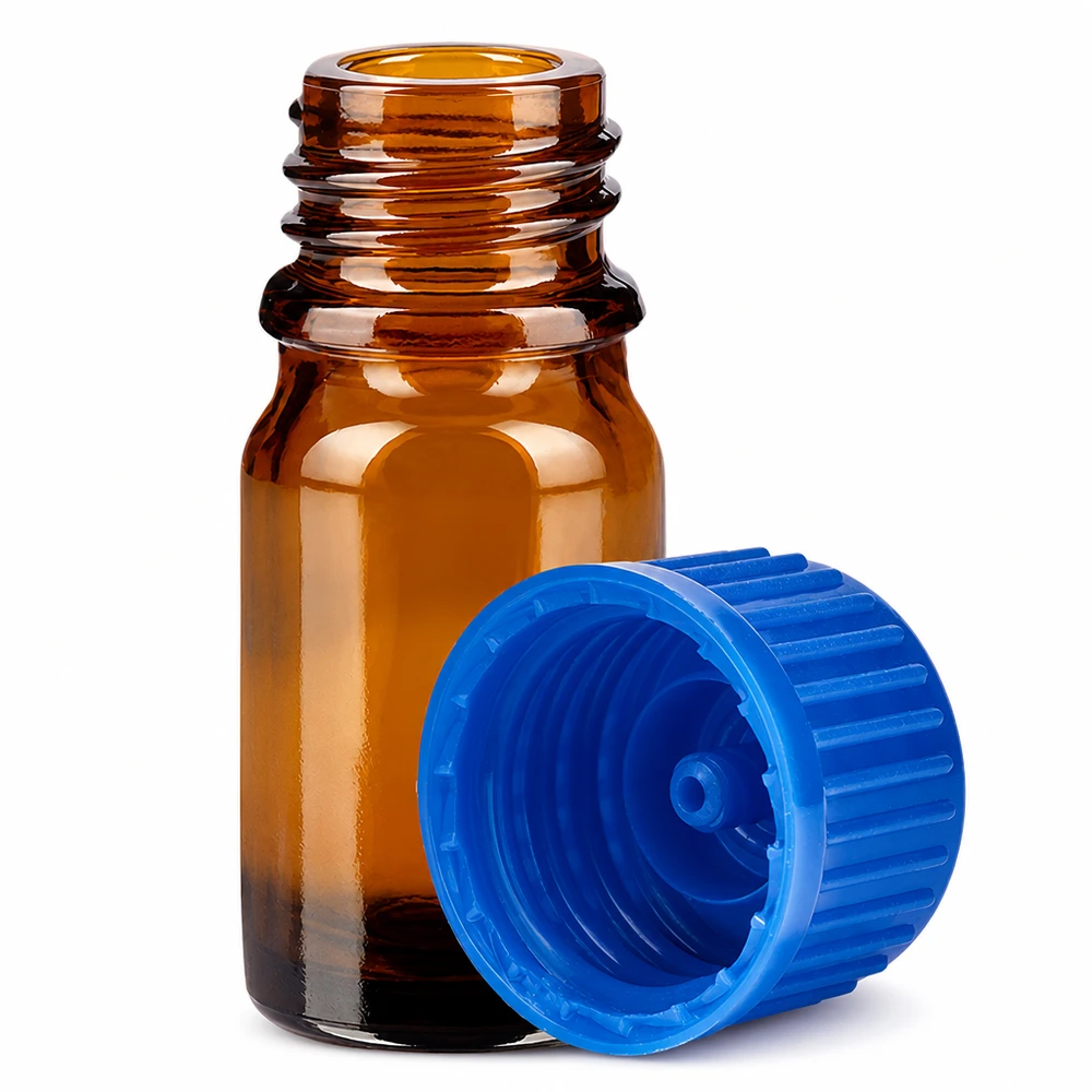 Hochwertige 5ml Glasflasche in Braun mit blauem 11mm Schraubverschluss für sichere Lagerung