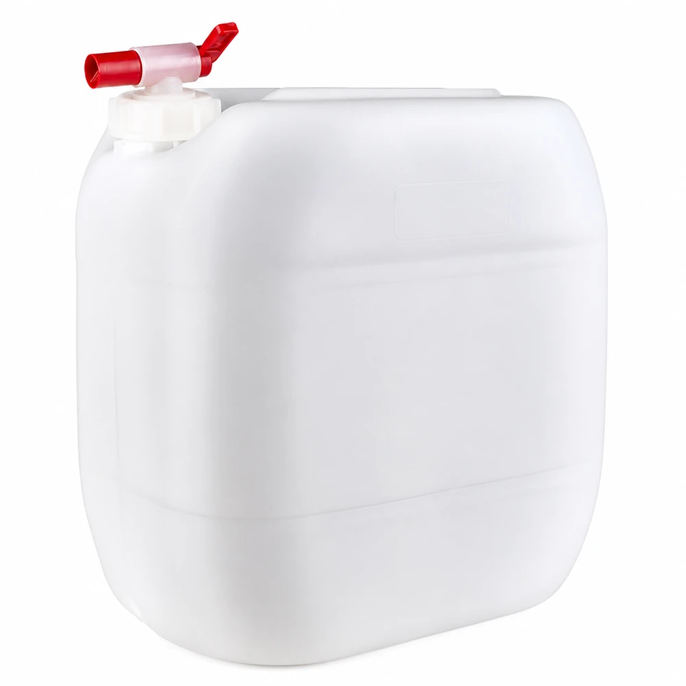 Kanister 30 Liter mit Auslaufhahn 30 Liter Vorratskanne aus weißem Polyethylen mit rotem Hahn und Griffmulde