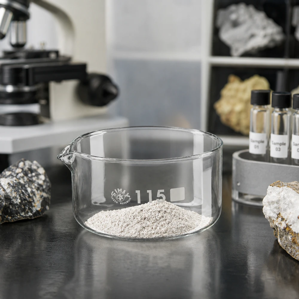 Niedrige Kristallisierschale aus hitzebeständigem Borosilikatglas 500ml mit grauem Mineralpulver