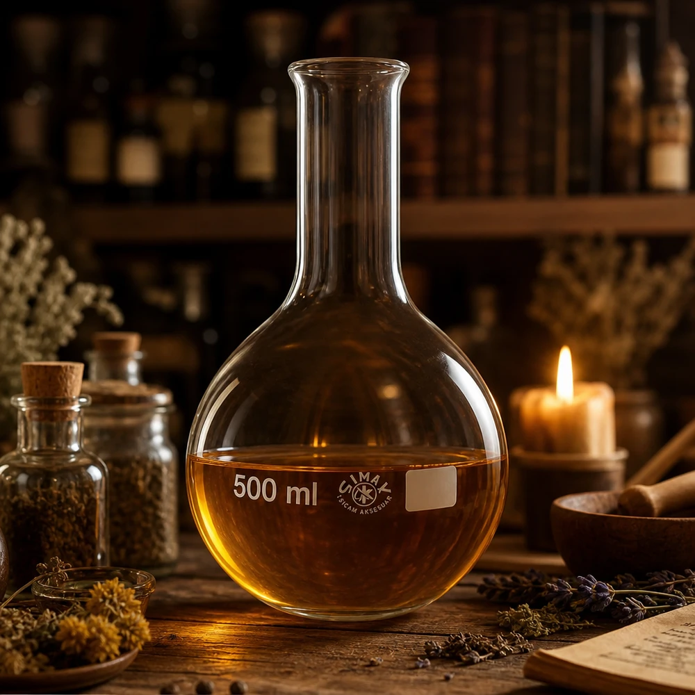 Rundkolben 500ml Enghals aus transparentem Glas in nostalgischem Labor-Ambiente