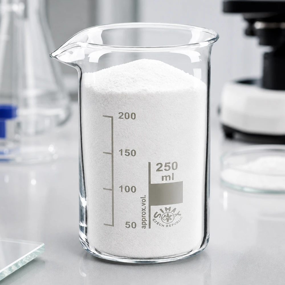 Becherglas 250ml hohe Form Borosilikatglas mit Pulverfüllung im professionellen Laborumfeld