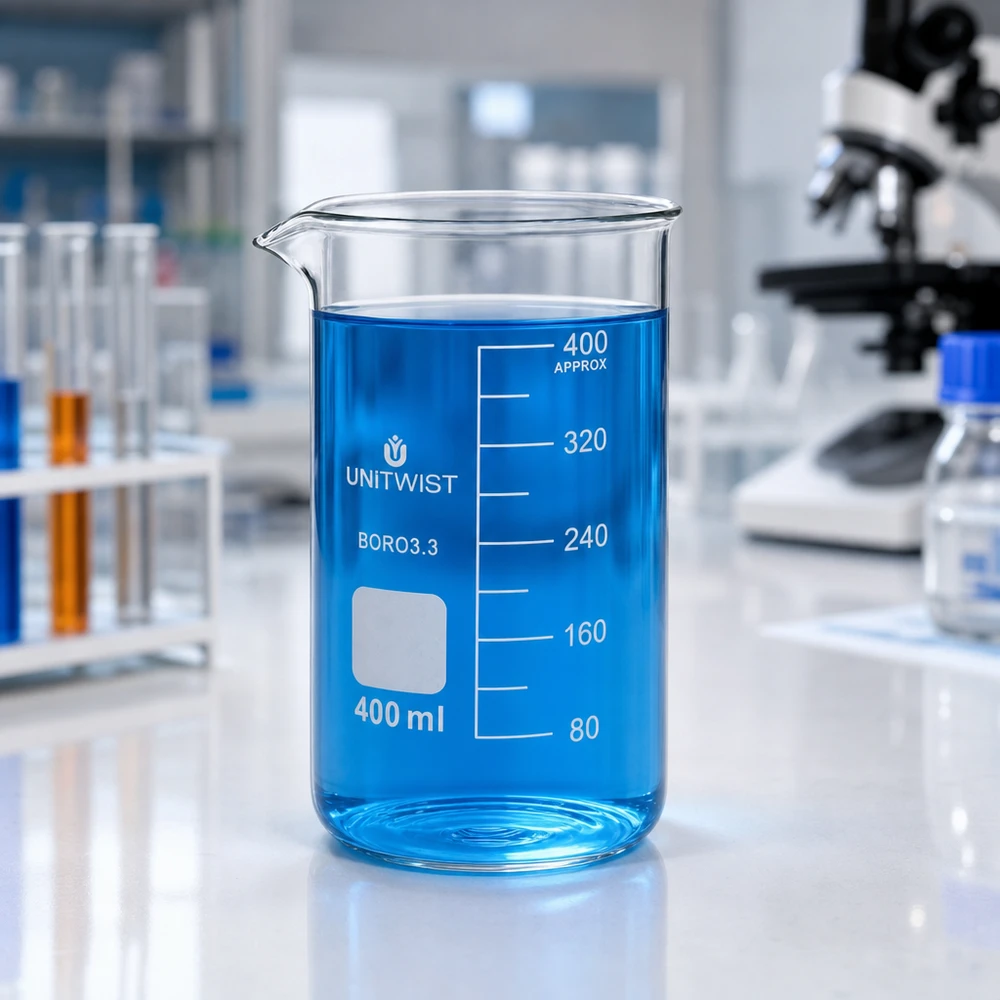 Laborbedarf Becherglas hohe Form 400ml Borosilikatglas 3.3 mit Mikroskop im Hintergrund