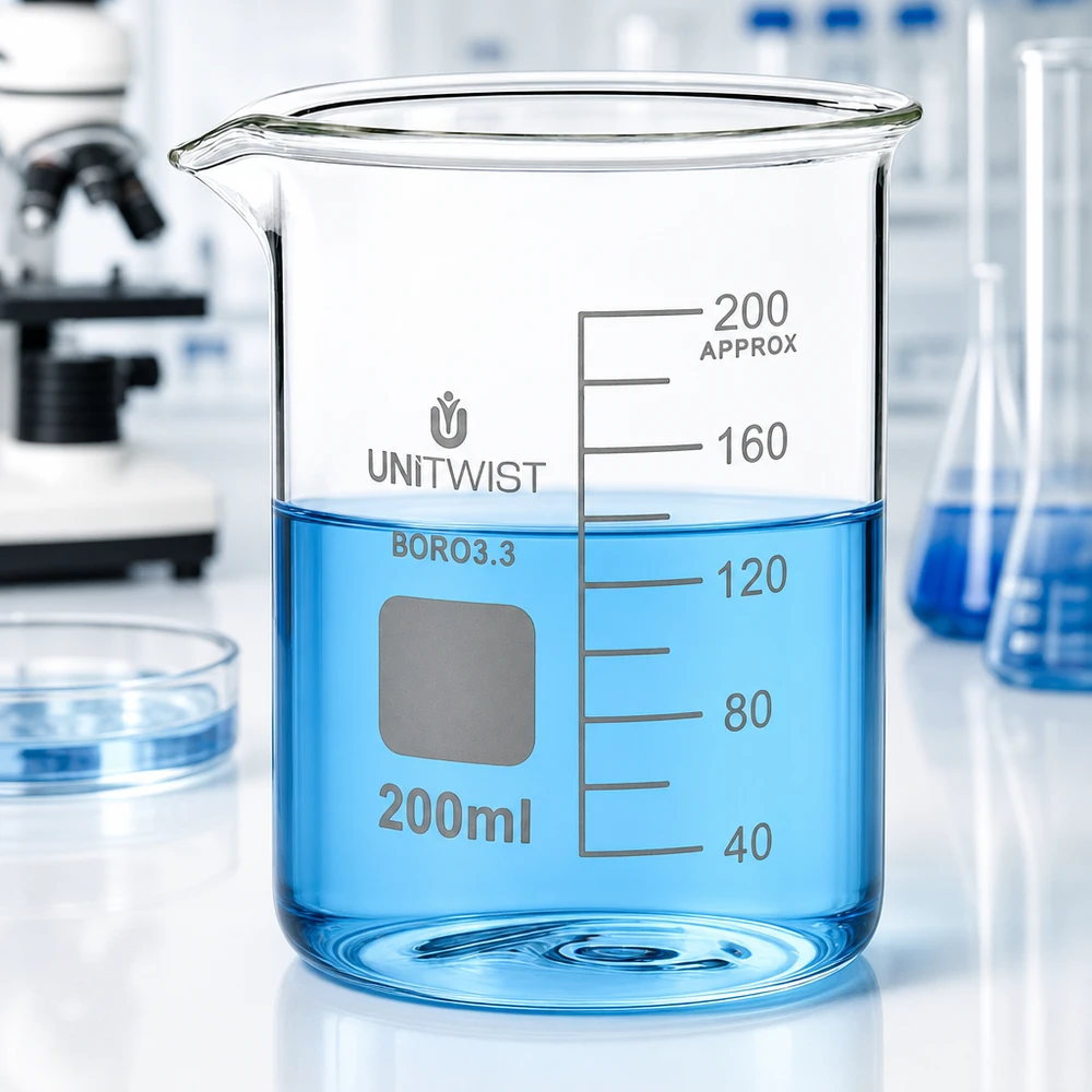 Becherglas 200ml Borosilikat, niedrige Form UNiTWIST Robustes Laborglas 200ml niedrige Form Borosilikat mit präziser Volumenanzeige