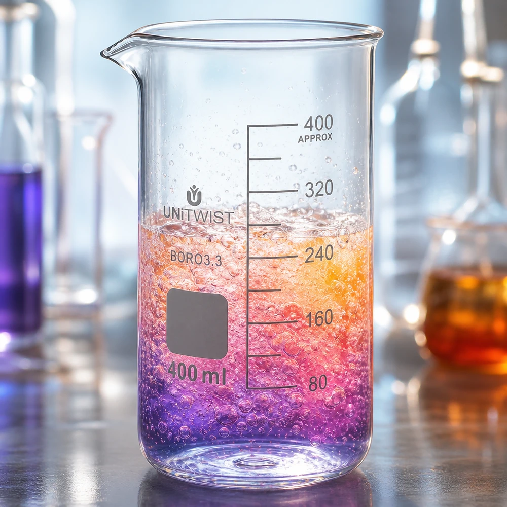 Hochwertiges Becherglas hohe Form 400ml Borosilikatglas UNITWIST mit sprudelndem Farbindikator