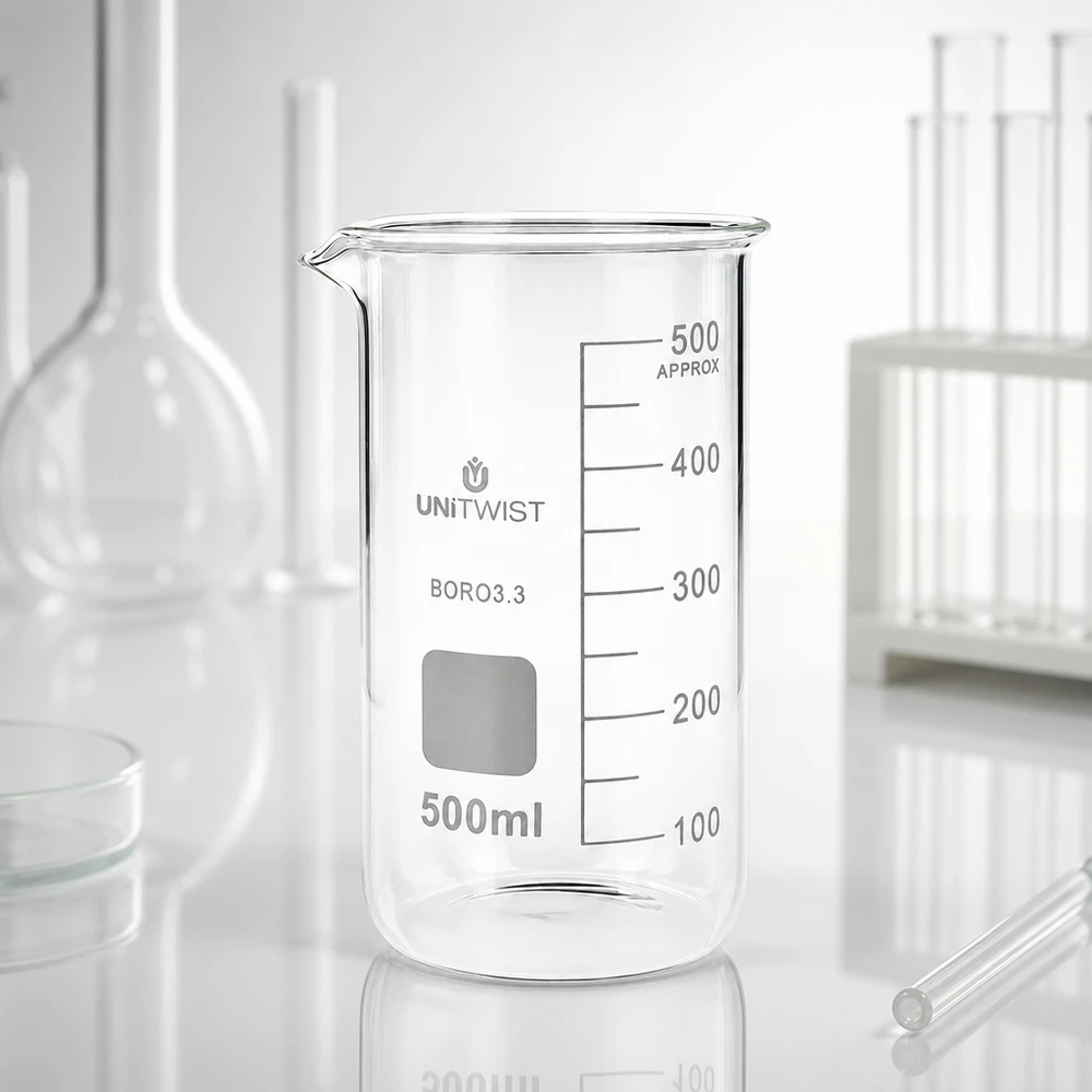 UNITWIST Becherglas 500ml hohe Form mit verstärktem Rand und Ausguss zwischen Laborgeräten
