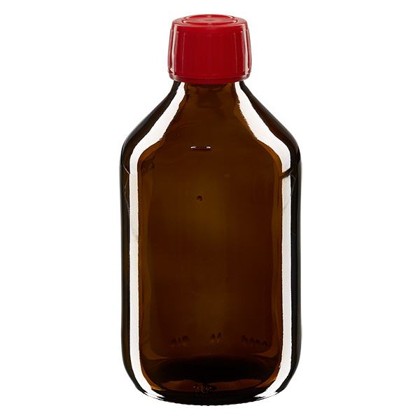 250ml Medizinflasche braun, Verschluss rot mit Originalitätsring ApoGlas