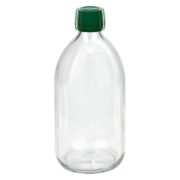 500ml Medizinflasche klar, Verschluss grün mit Originalitätsring ApoGlas