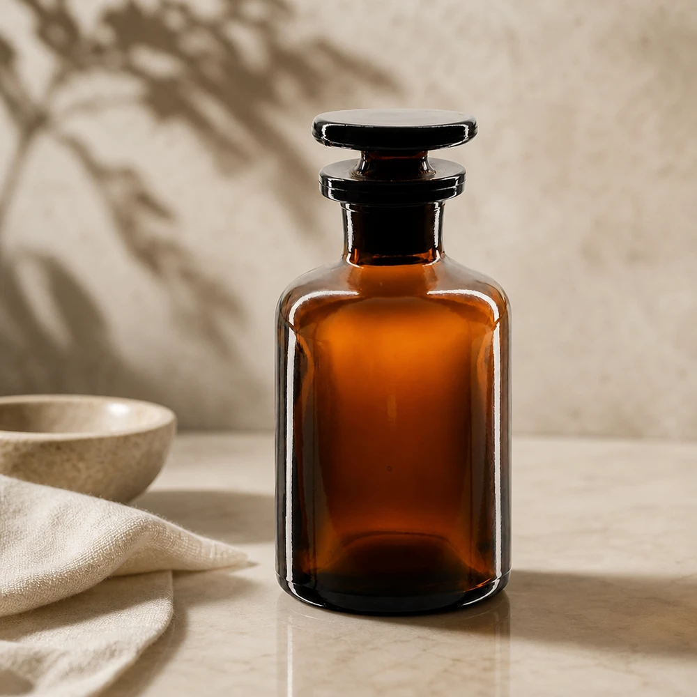 Rundschulterfl. 50ml braun Enghals Glasstopfen Chemikalienflasche Braunglas 50ml mit Glasschliffstopfen geringe Füllmenge Laborqualität