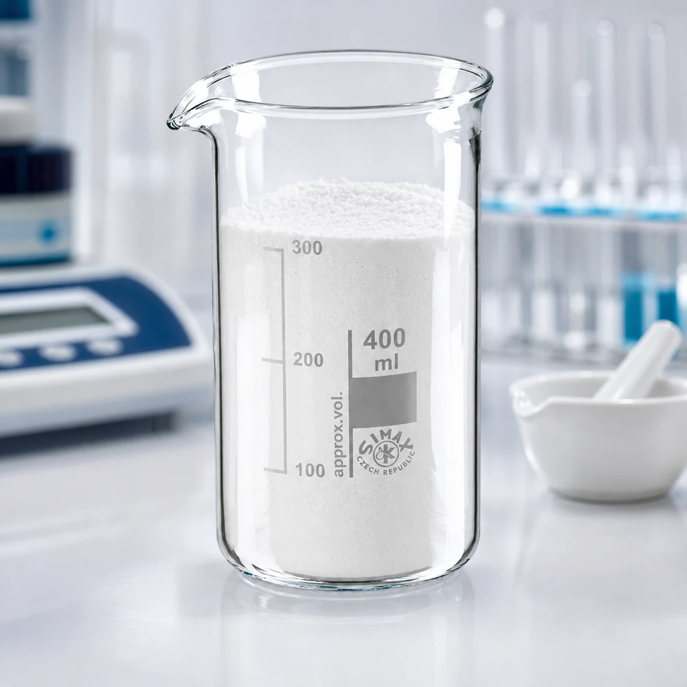 Becherglas 400ml Borosilikatglas, hohe Form 400ml Becherglas hohe Form mit Ausgießer neben Analysenwaage und Reagenzgläsern im Labor