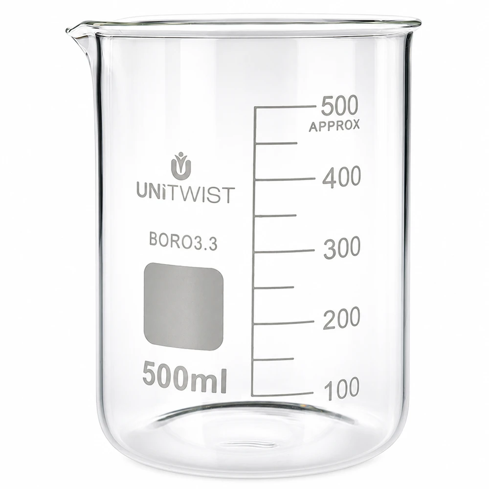 Becherglas 500ml Borosilikat, niedrige Form UNiTWIST Laborglas 500ml Becherglas niedrige Form Borosilikat mit Ausgießer und Graduierung