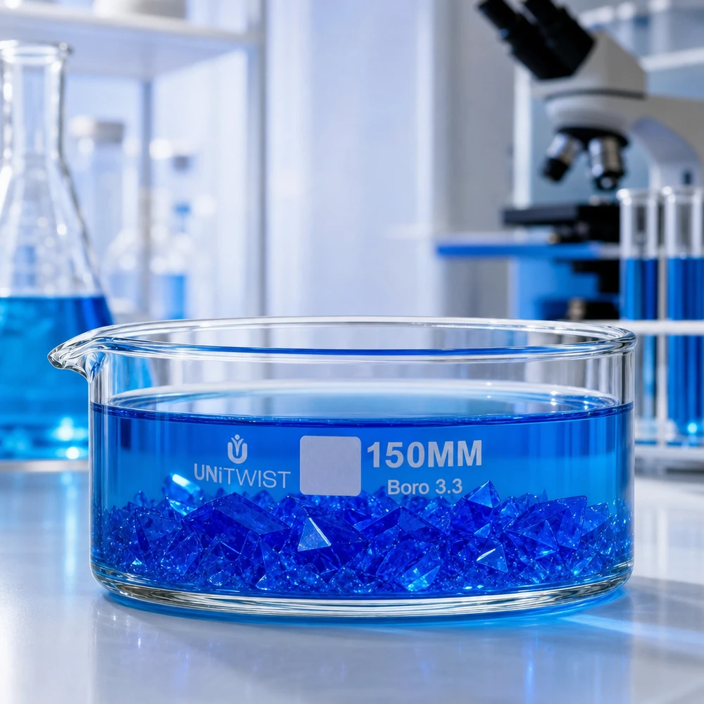 Kristallisierschale ø150mm Borosilikatglas UNiTWIST Laborschale UNiTWIST 150mm Boro 3.3 mit ausgefällten blauen Kristallen in Flüssigkeit