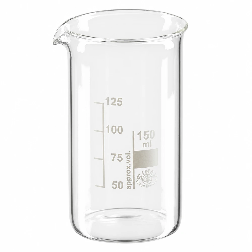 Transparentes Messbecherglas 150ml aus Borosilikatglas mit Skalierung 50 bis 125ml