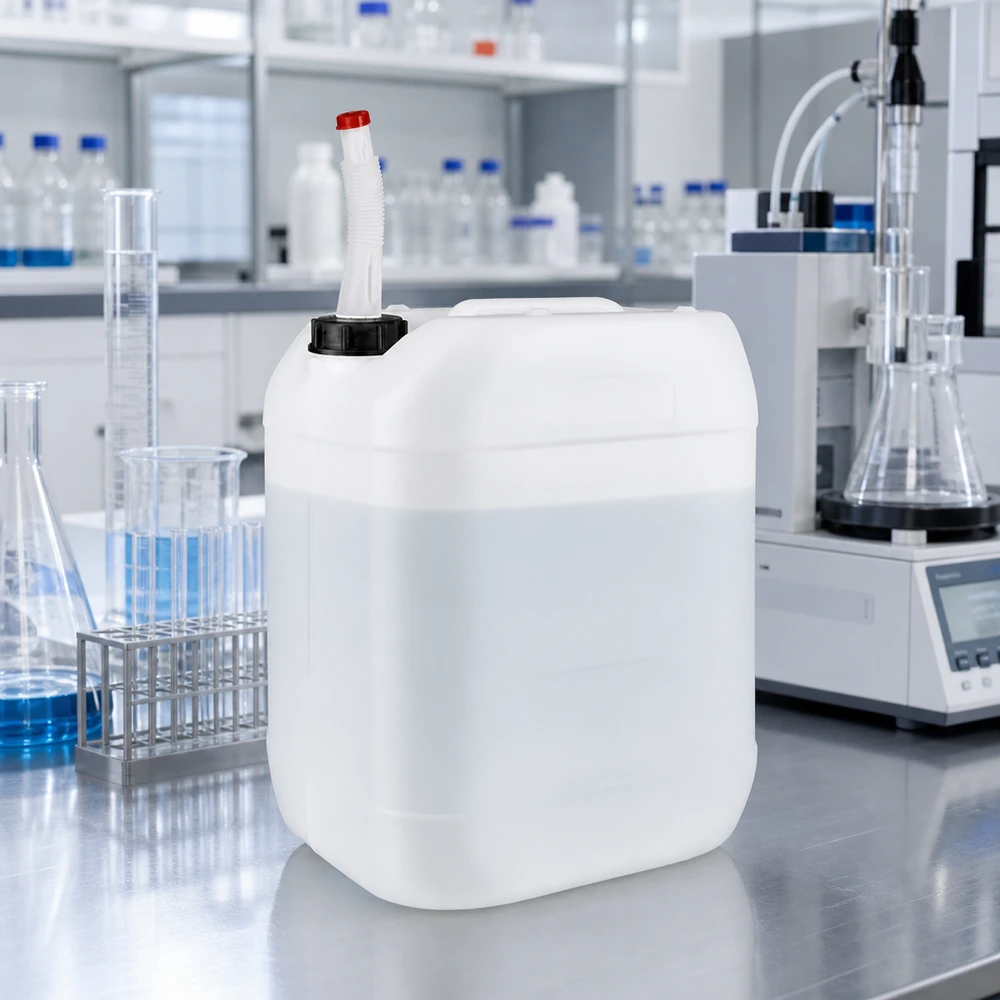 Kanister 20 Liter mit Auslaufrohr Flex Robuster Flüssigkeitsbehälter 20L mit Flex-Auslaufrohr und roter Kappe im Laboreinsatz