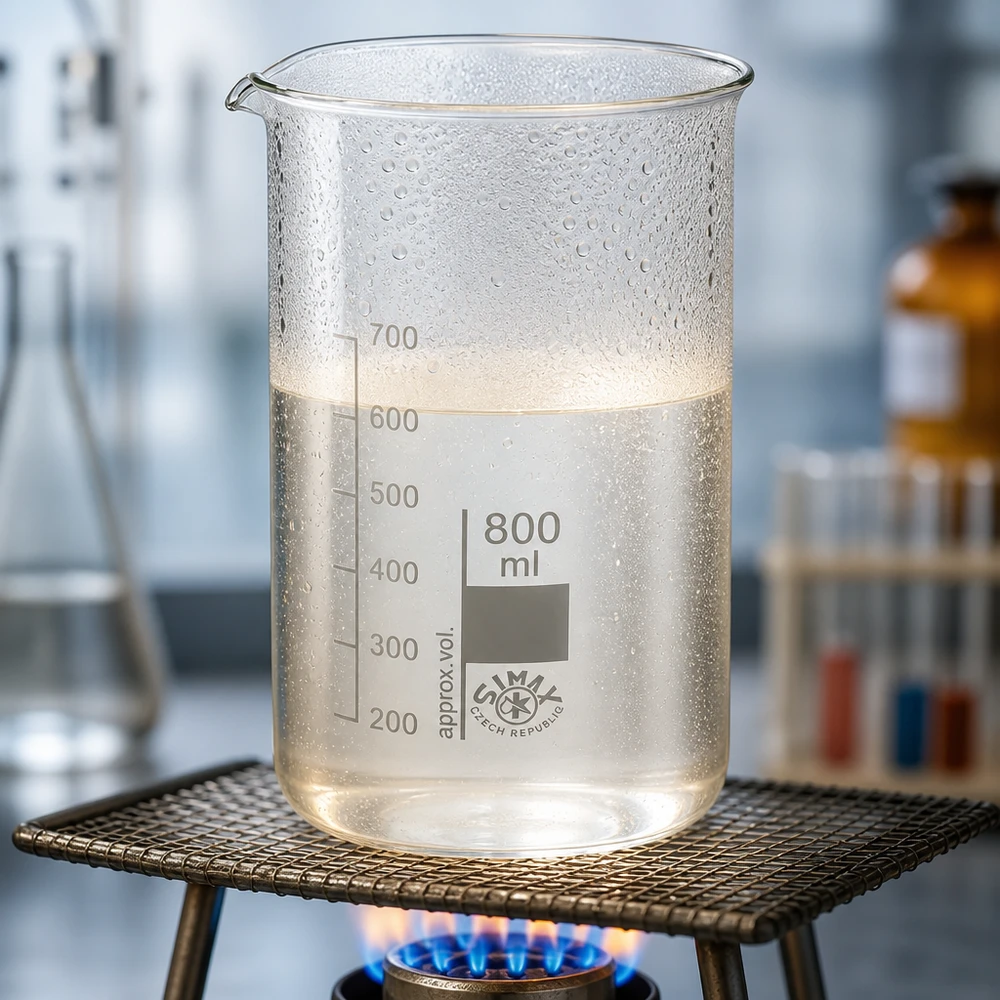 Borosilikatglas Becherglas 800ml hohe Form auf Eisendreifuß mit Keramiknetz über Gasflamme
