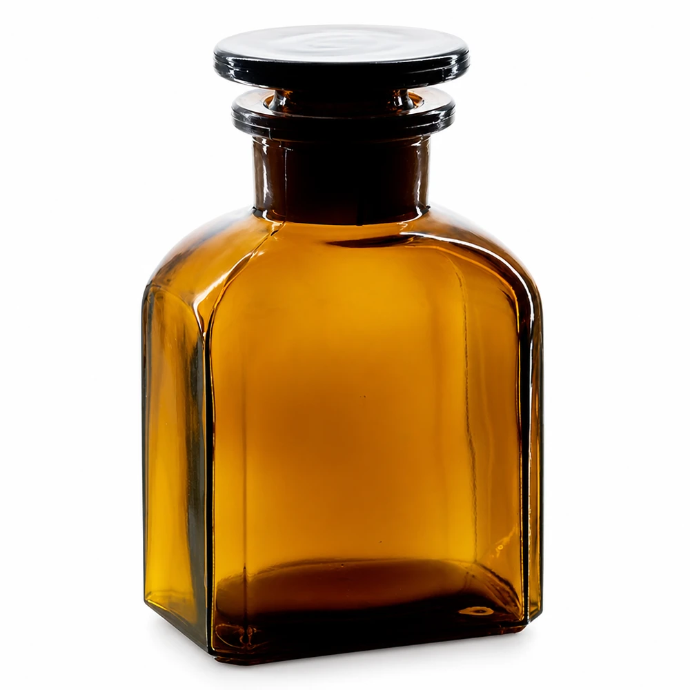 Vierkantflasche 150ml braun Weithals Glasstopfen Lichtschutzflasche 150ml Vierkant aus braunem Glas mit breitem Hals und flachem Glasverschluss