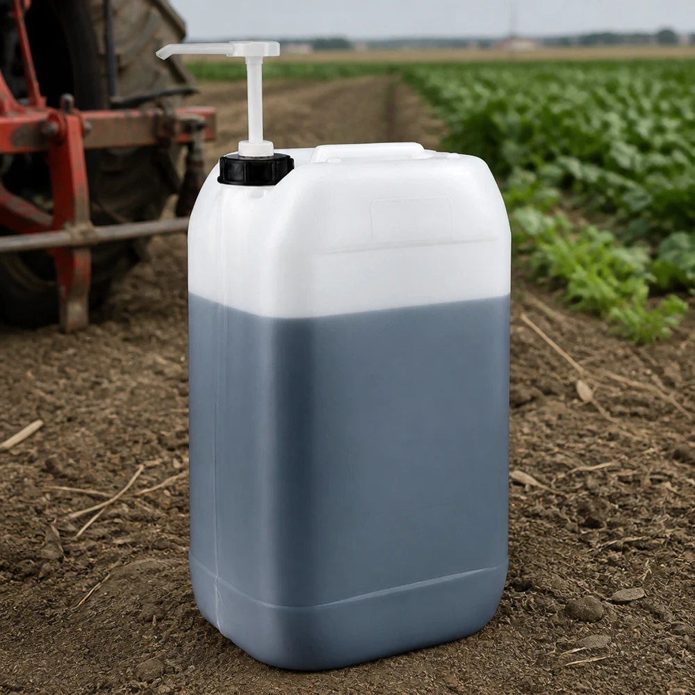 Rechteckiger Kunststoffkanister 15 Liter mit Dosierpumpe auf unbefestigtem Boden im Agrarbereich