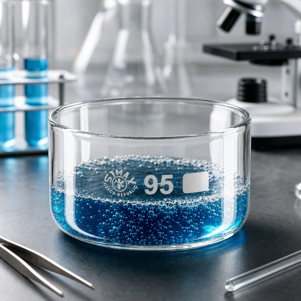 300ml Kristallisierschale ohne Ausguss Borosilikat ø95mm Borosilikatglas Schale 300ml Laborexperiment blaue Perlen Mikroskop Erlenmeyer im Hintergrund