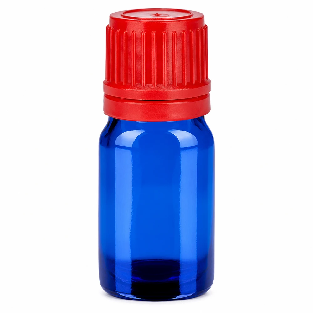 Präzisionsflasche 5ml BlueLine UT18/5 aus blauem Glas mit rotem Originalverschluss
