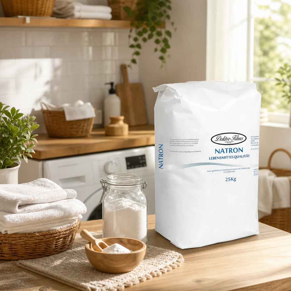 Natron Pulver (Natriumhydrogencarbonat) 25kg 25kg Natriumhydrogencarbonat Sack in heller Küche zwischen Pflanze und Reinigungsutensilien
