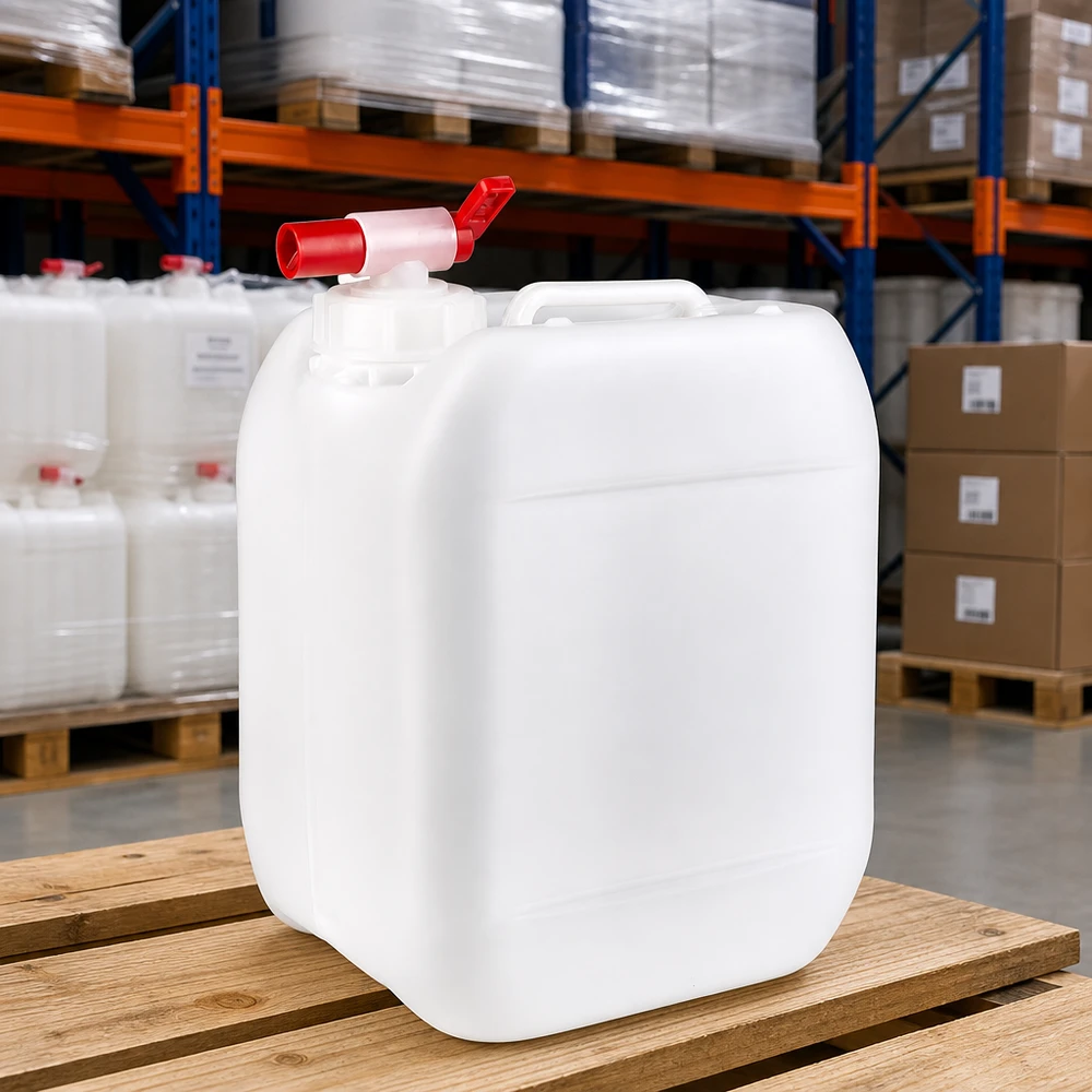 Platzsparender 5 Liter Kanister mit Einfüllöffnung und rotem Hahn für Industrie und Gewerbe