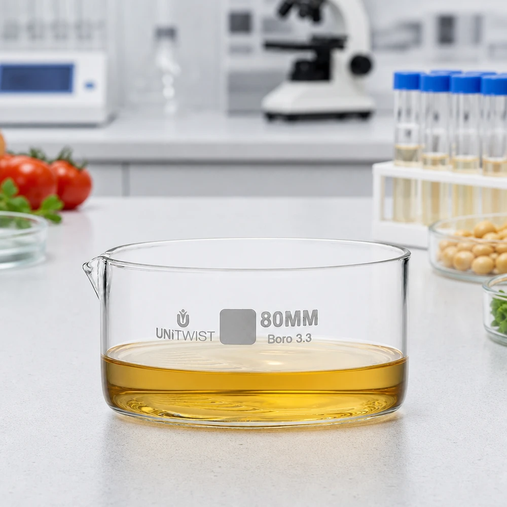Kristallisierschale ø80mm Borosilikatglas UNiTWIST Lebensmittelanalyse Labor Kristallisierschale 80mm Borosilikatglas UNiTWIST gelbe Probe