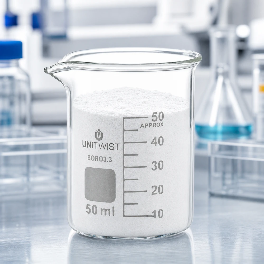 UNiTWIST Becherglas 50ml niedrige Form Borosilikat mit Feststofffüllung und Skalierung