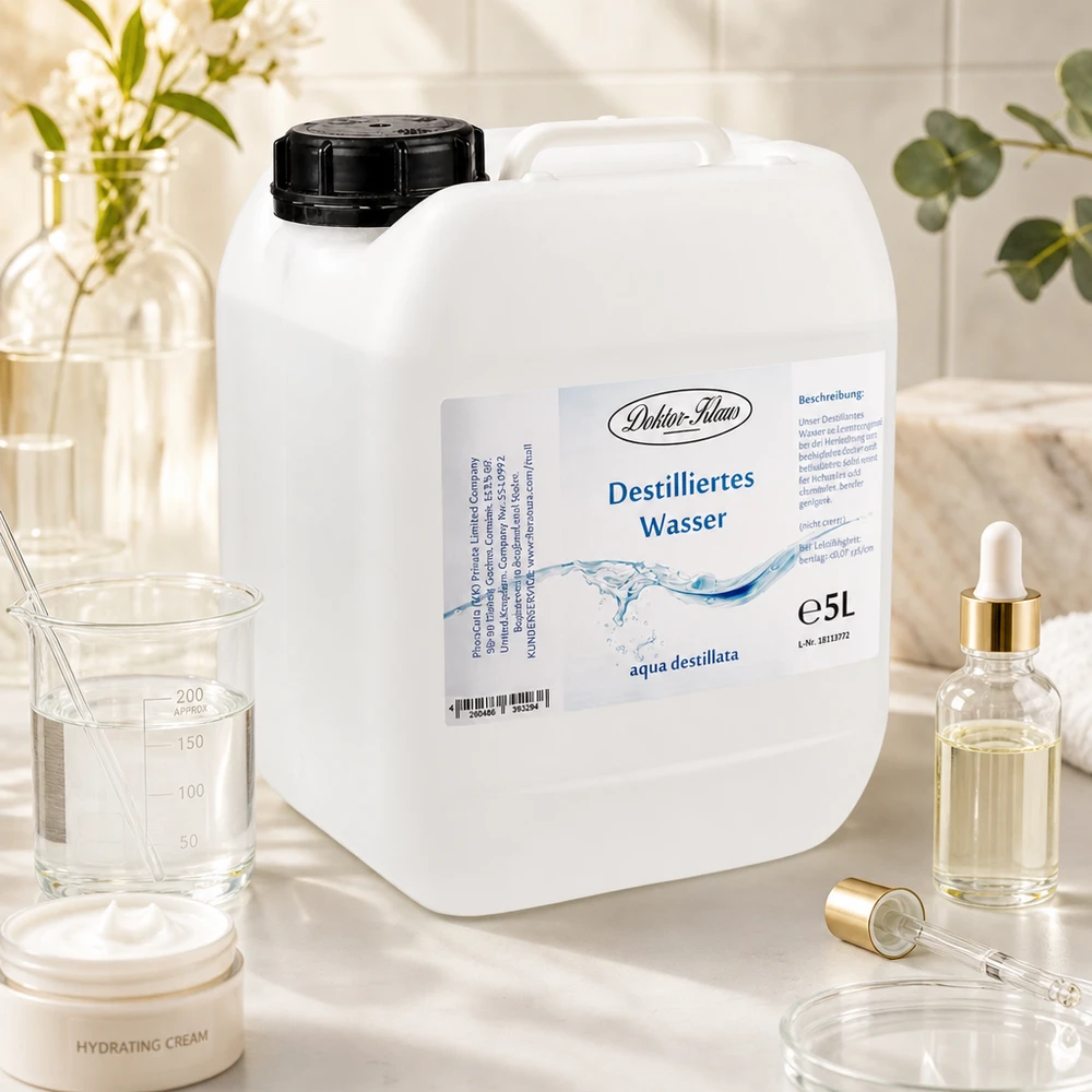 Professionelles destilliertes Wasser Doktor-Klaus 5 Liter Container in steriler Laborumgebung mit Equipment